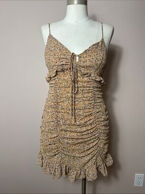 MARBLE Mustard Floral Tie-Front Ruched front Mini Dress size small